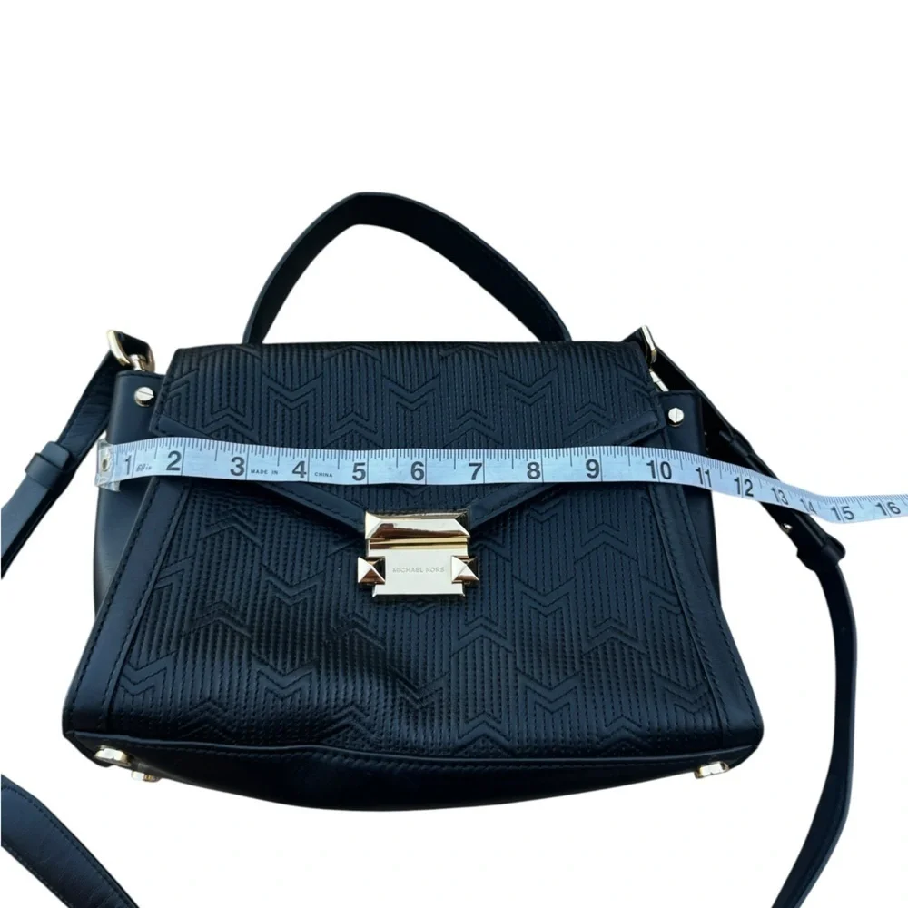 Michael Kors Whitney Black Gold Strips Quilted Leather Satchel Shoulder Bag